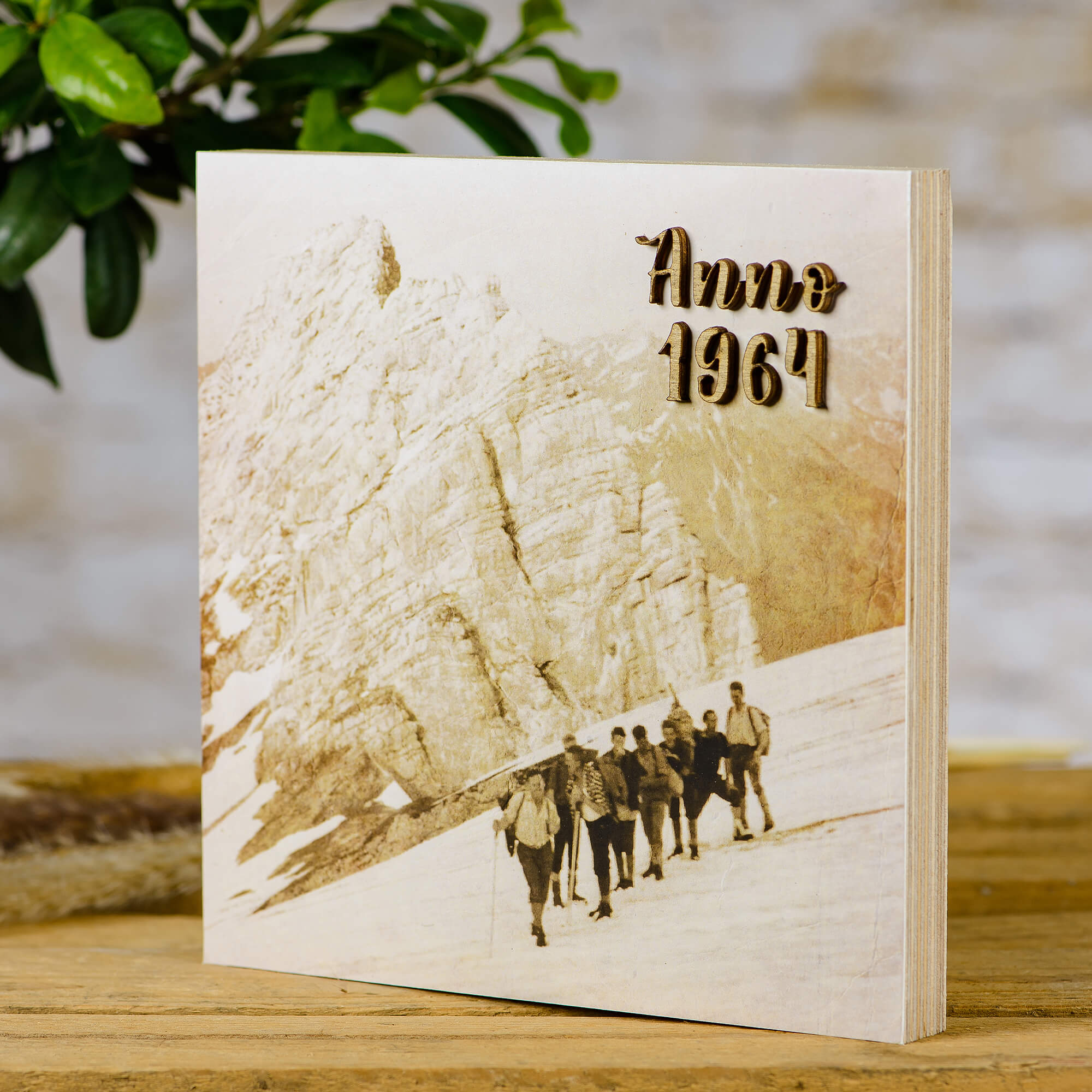 Historisches Holzbild Bergtour | Altes Foto auf Holz mit 3D Schrift aus den 60er Jahren - Altholz Bilderrahmen - Lasergravur Geschenkideen