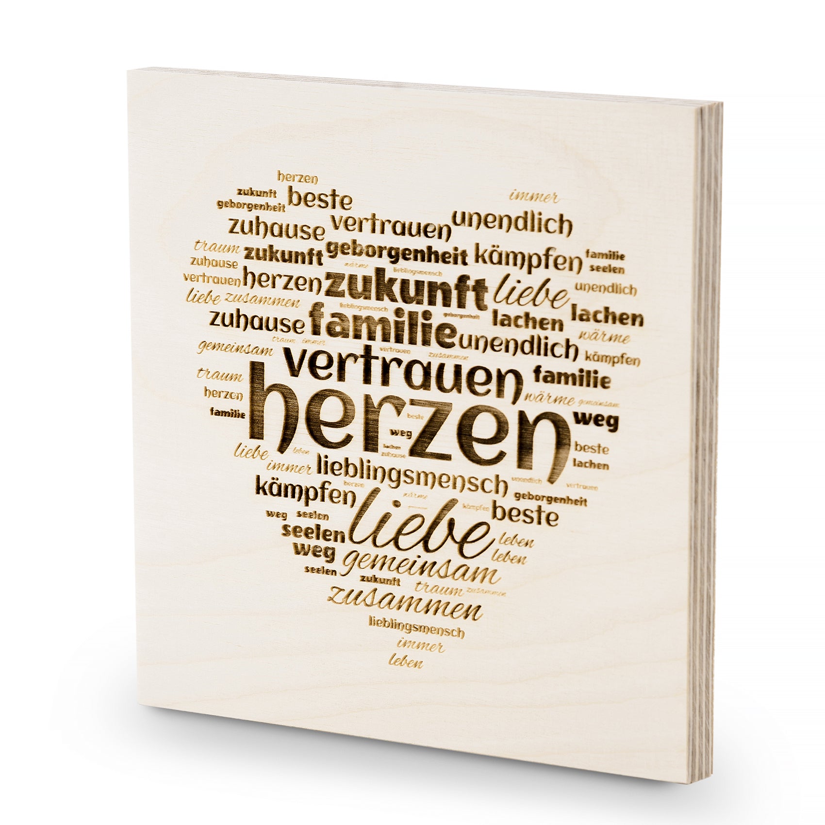Holzbilder Herz mit Wörtern Familie/ Liebe - Deko oder Geschenkidee 16x16cm - Altholz Bilderrahmen - Lasergravur Geschenkideen