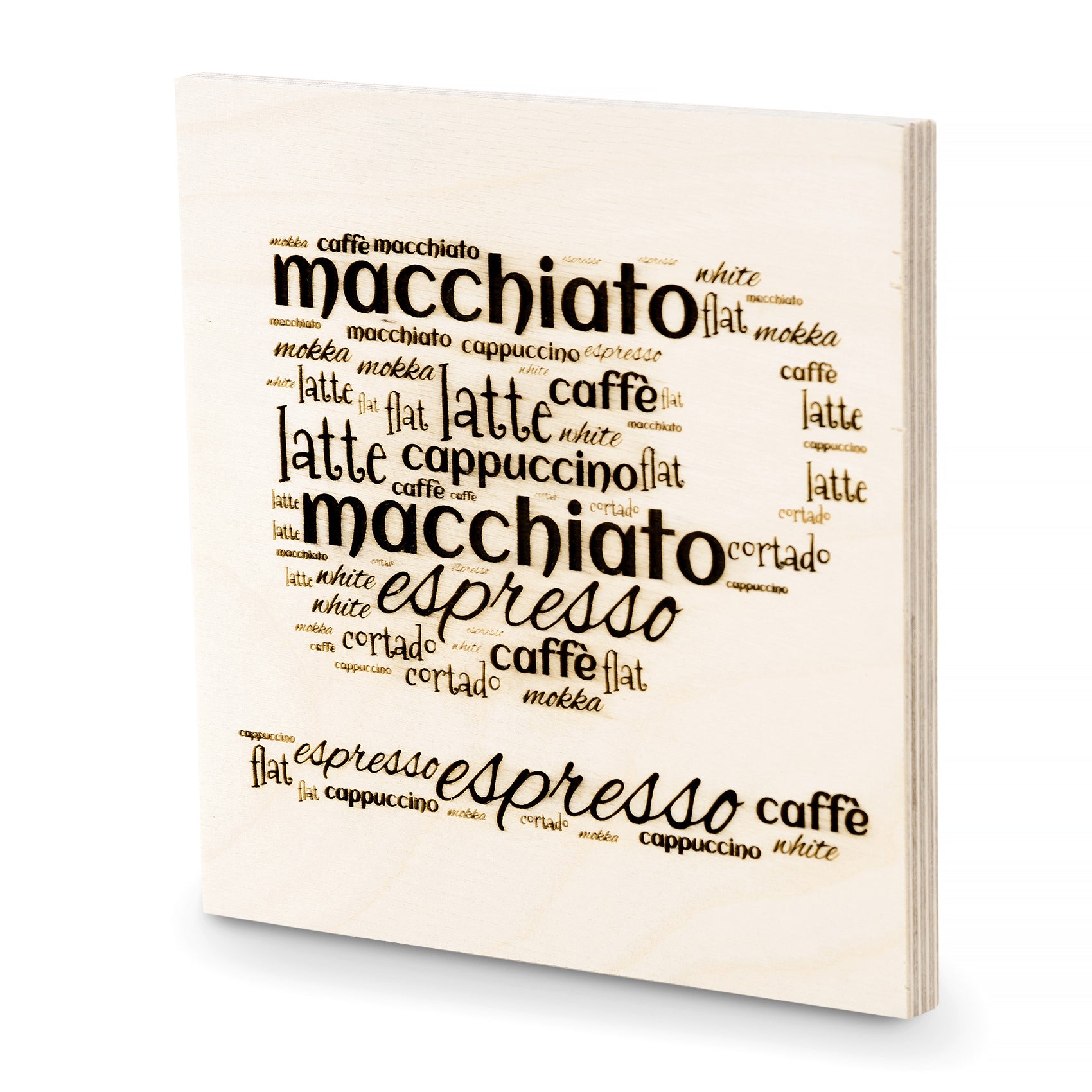 Holzbilder Tasse mit Wörtern Kaffee - Dekor Geschenkidee 16x16cm - Altholz Bilderrahmen - Lasergravur Geschenkideen