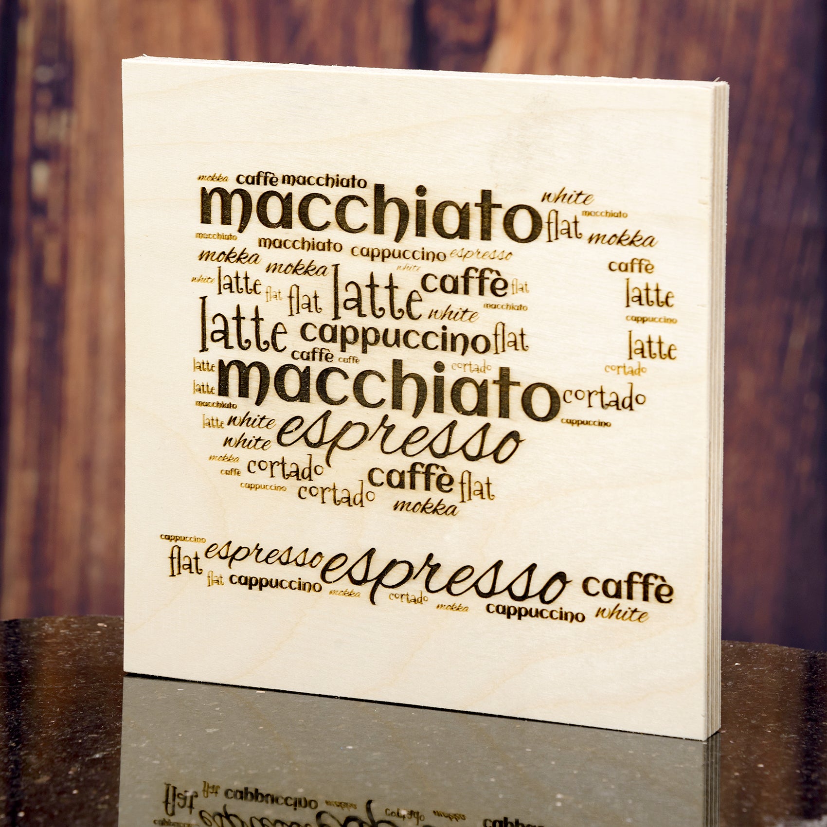 Holzbilder Tasse mit Wörtern Kaffee - Dekor Geschenkidee 16x16cm - Altholz Bilderrahmen - Lasergravur Geschenkideen