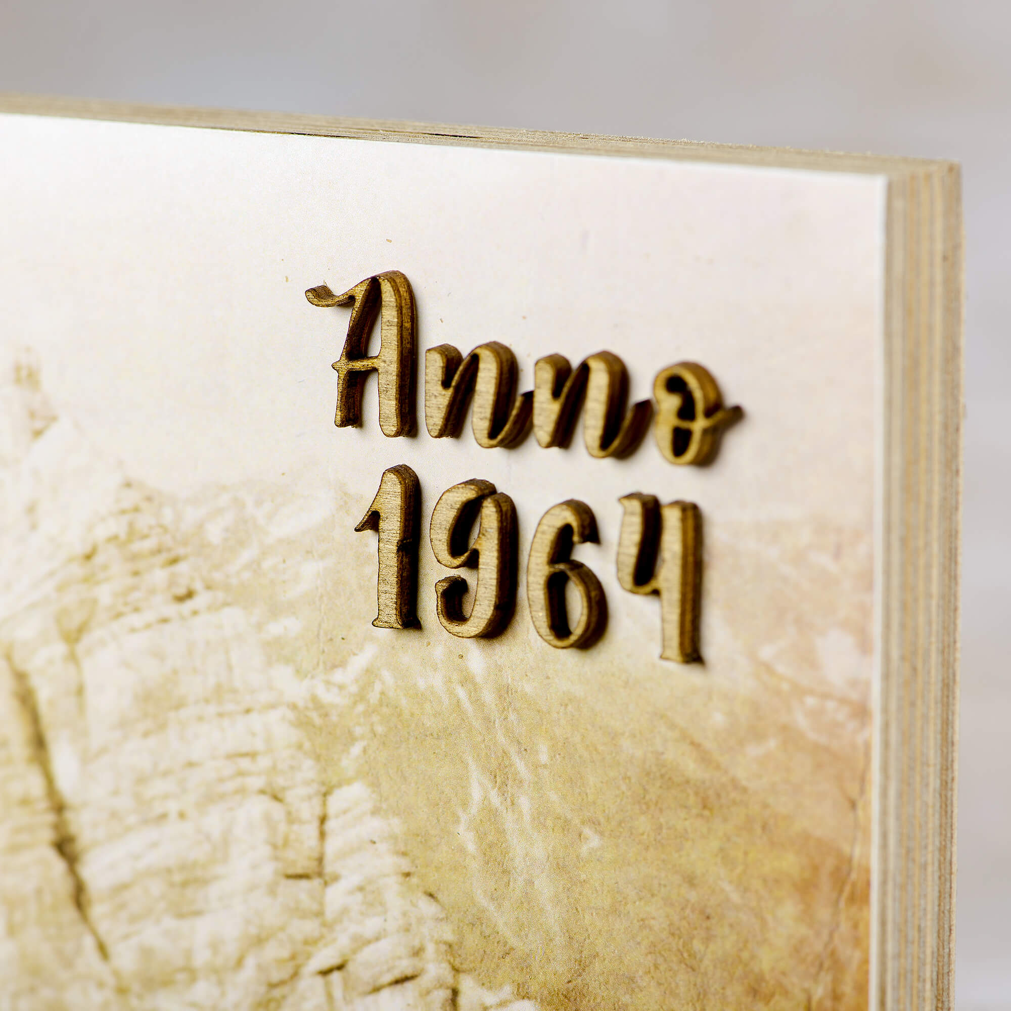 Historisches Holzbild Bergtour | Altes Foto auf Holz mit 3D Schrift aus den 60er Jahren - Altholz Bilderrahmen - Lasergravur Geschenkideen