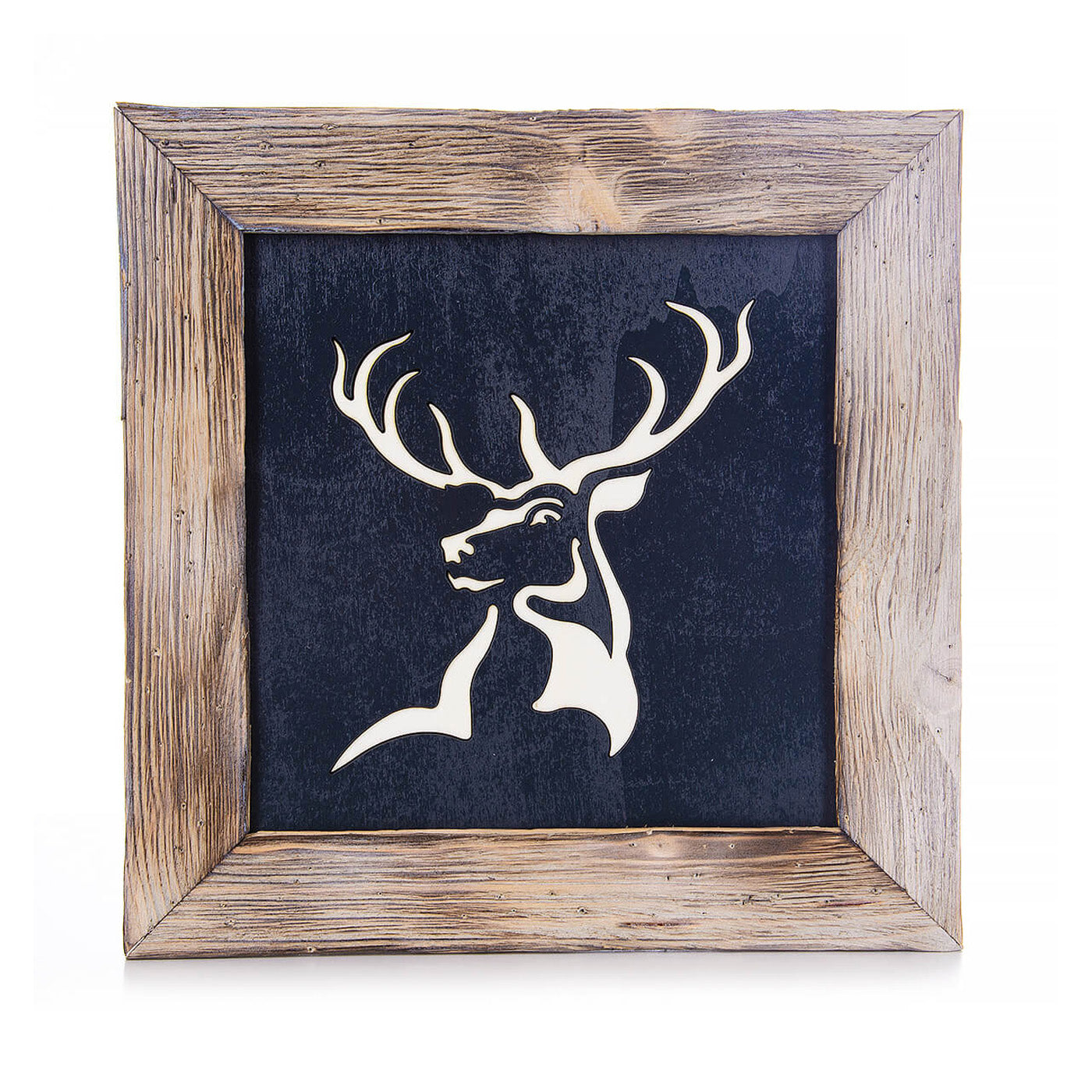 Hirschmotiv "schwarz/weiss" lasergeschnitten im Althozrahmen Birnhorn