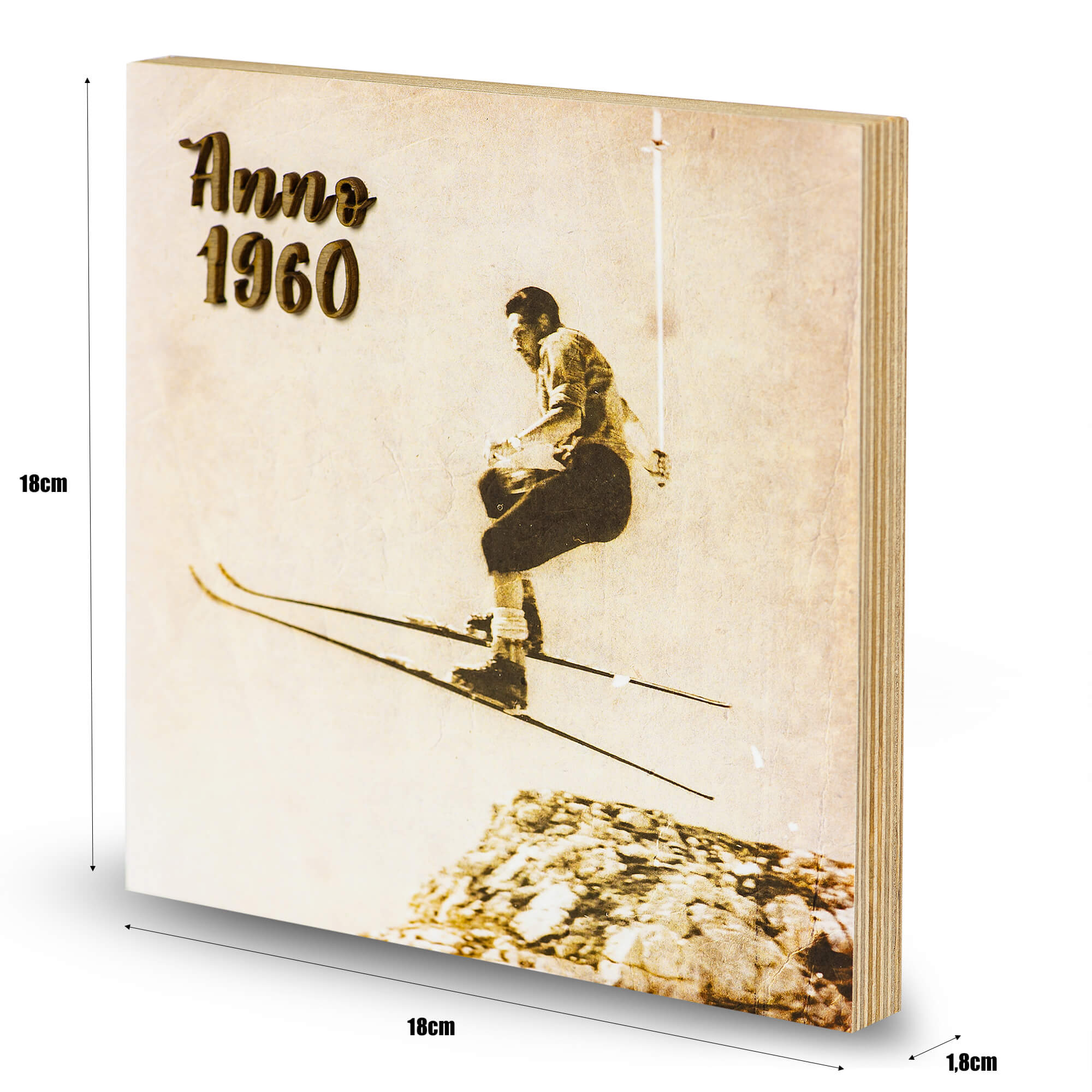 Historisches Holzbild Skifahrer | Altes Foto auf Holz mit 3D Schrift aus den 60er Jahren - Altholz Bilderrahmen - Lasergravur Geschenkideen
