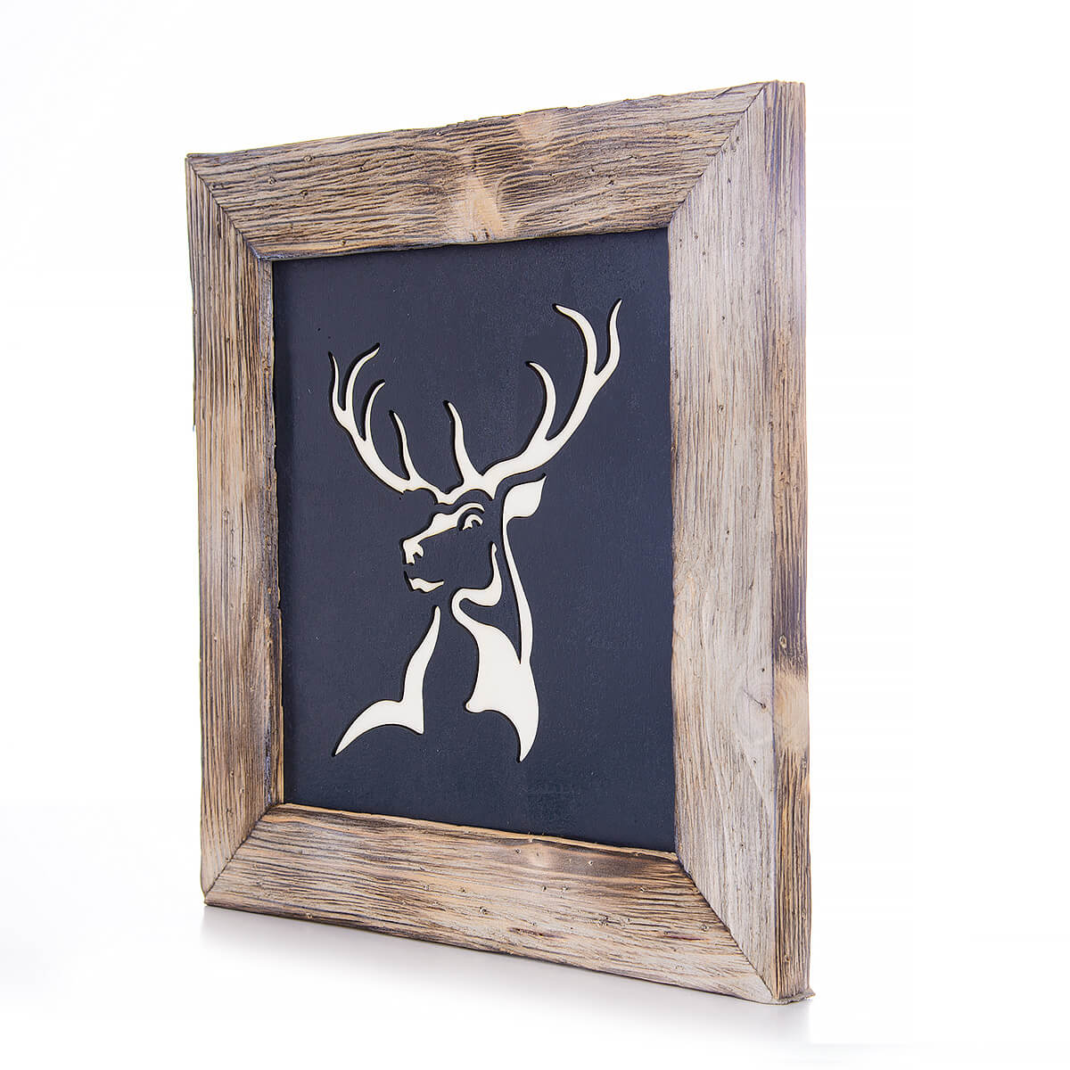 Hirschmotiv "schwarz/weiss" lasergeschnitten im Althozrahmen Birnhorn