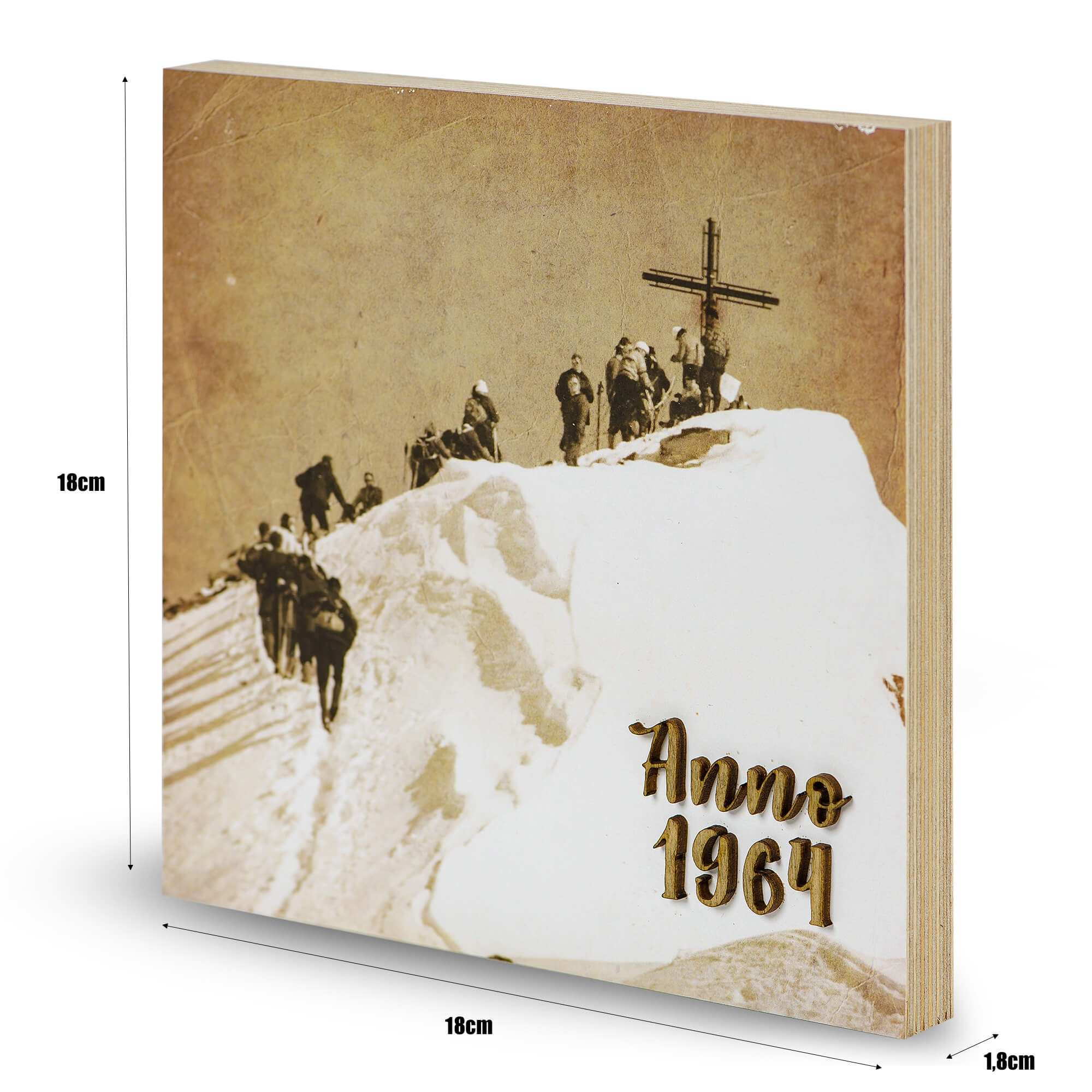 Historisches Holzbild Bergsteiger | Altes Foto auf Holz mit 3D Schrift aus dem Jahr 1964 - Altholz Bilderrahmen - Lasergravur Geschenkideen
