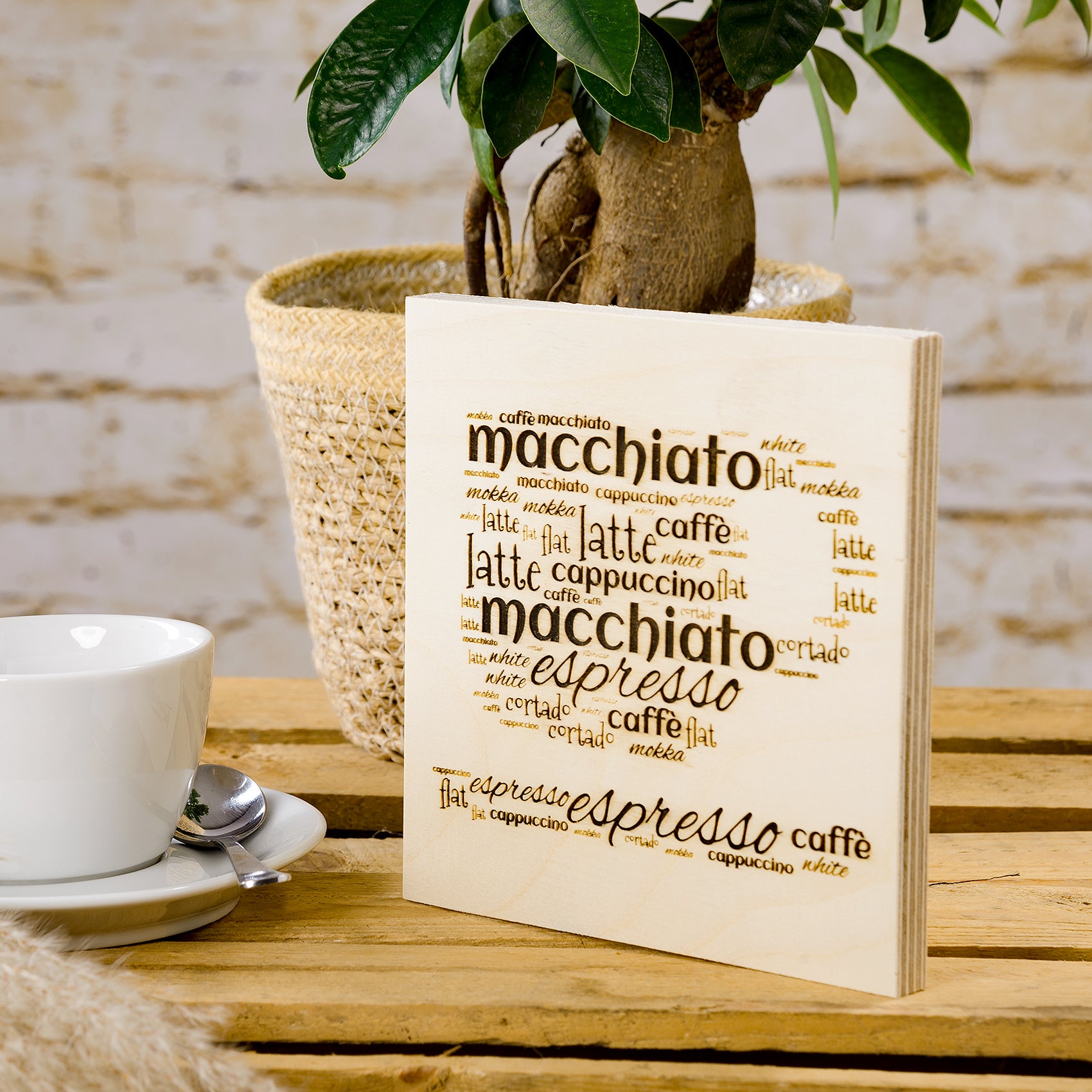 Holzbilder Tasse mit Wörtern Kaffee - Dekor Geschenkidee 16x16cm - Altholz Bilderrahmen - Lasergravur Geschenkideen