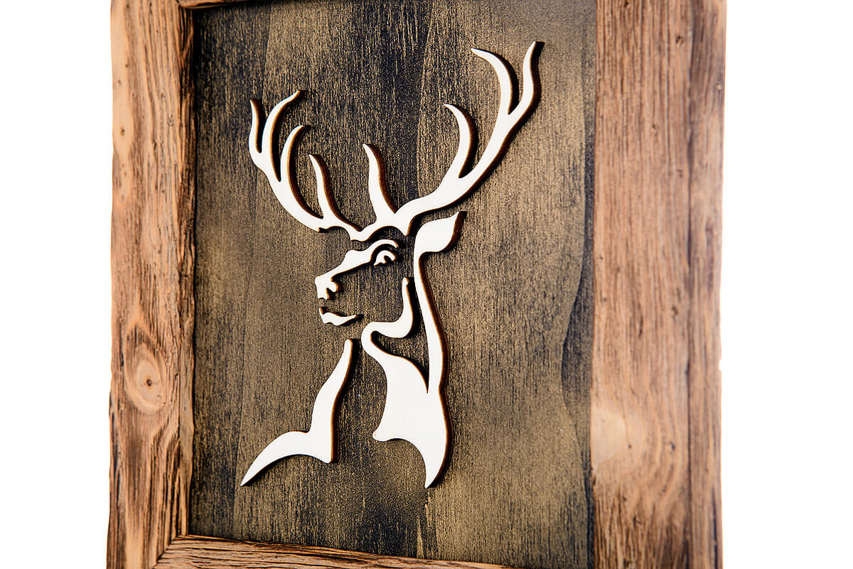 Hirschmotiv "gold/schwarz"lasergeschnitten 3D im Althozrahmen Hochkönig - Altholz Bilderrahmen - Lasergravur Geschenkideen