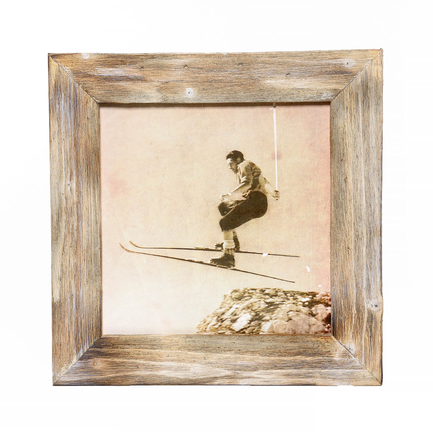 Historisches Bild "Skifahrer" aus den 60er Jahren im Holzrahmen Hochkönig