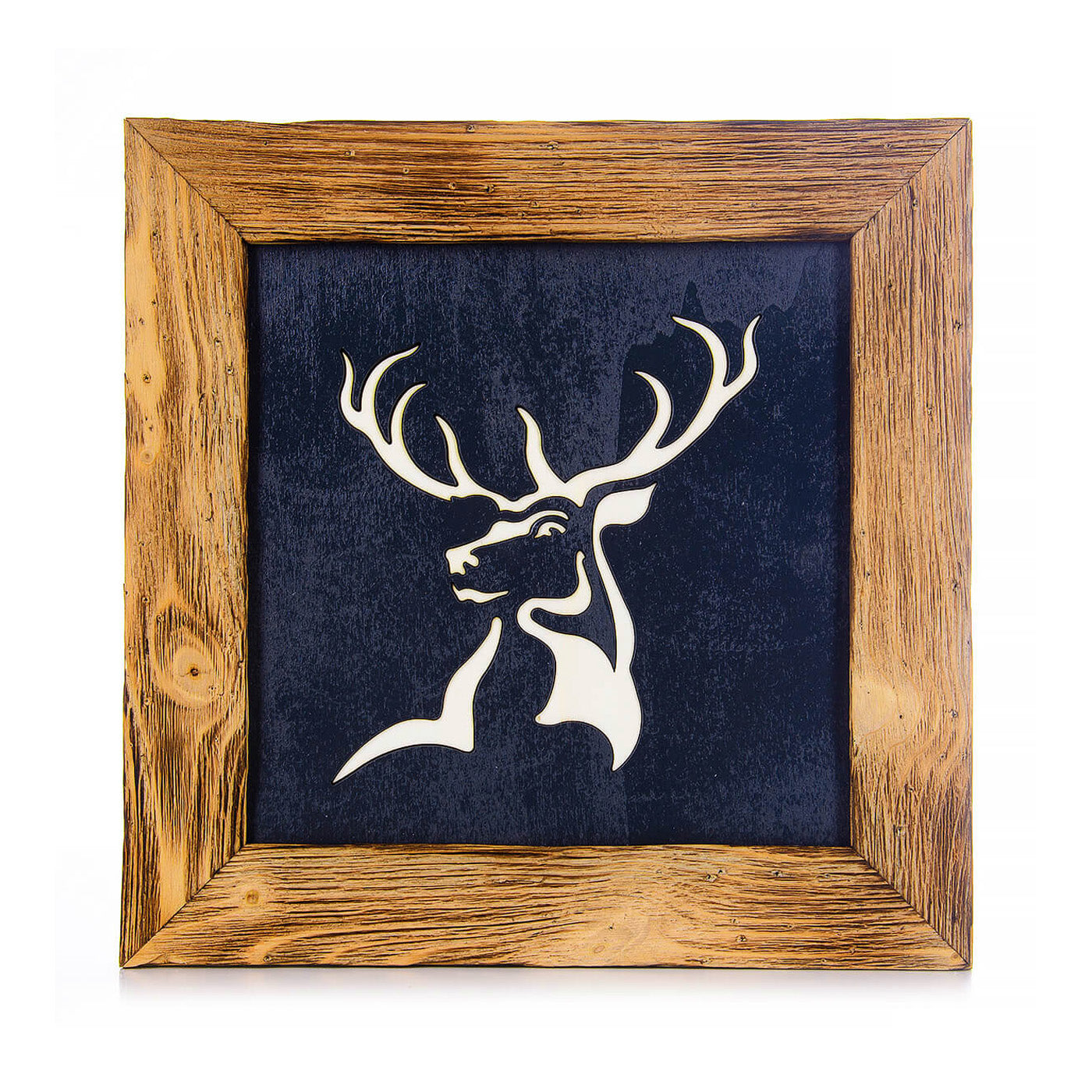 Hirschmotiv "schwarz/weiss" lasergeschnitten im Althozrahmen Birnhorn