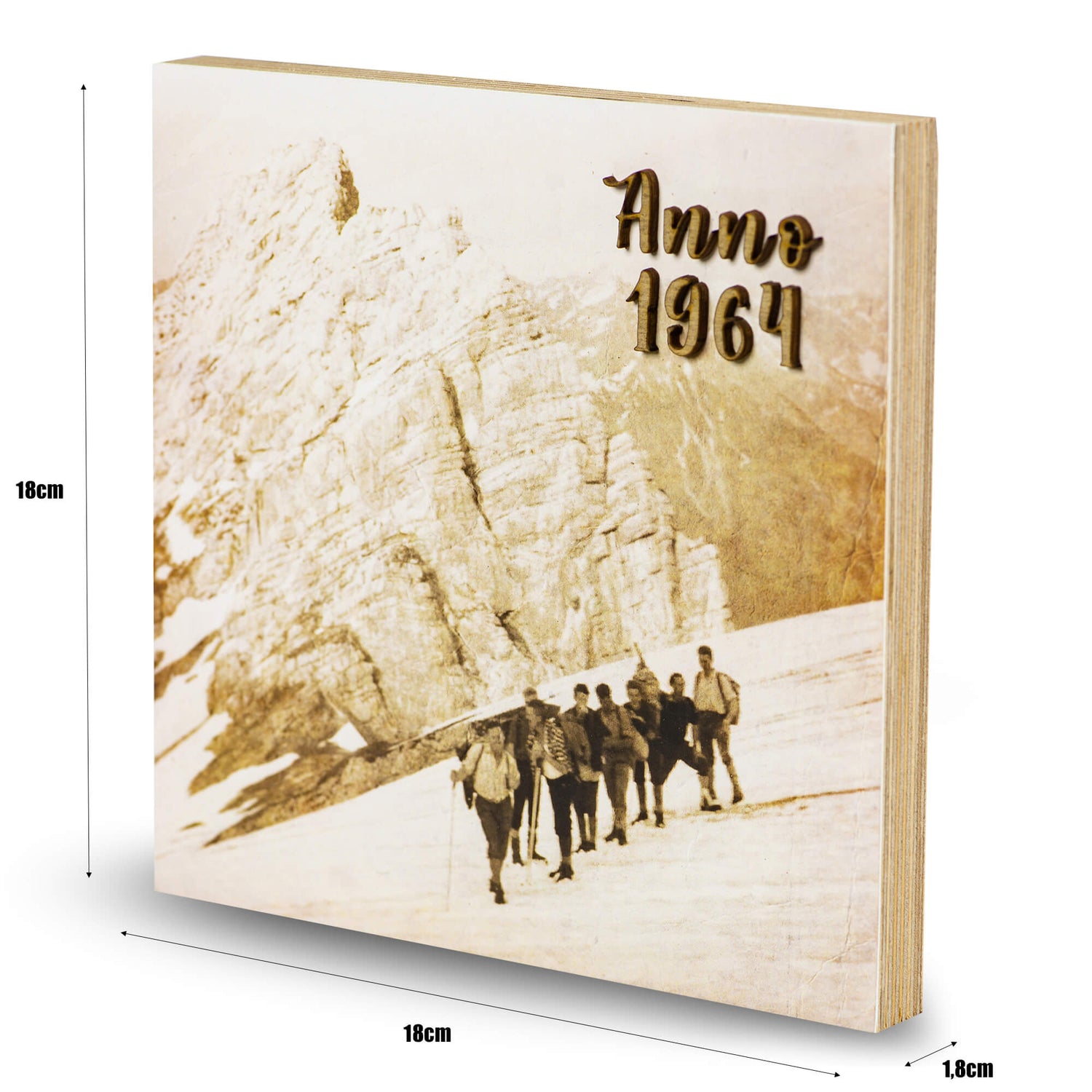 Historisches Holzbild Bergtour | Altes Foto auf Holz mit 3D Schrift aus den 60er Jahren - Altholz Bilderrahmen - Lasergravur Geschenkideen