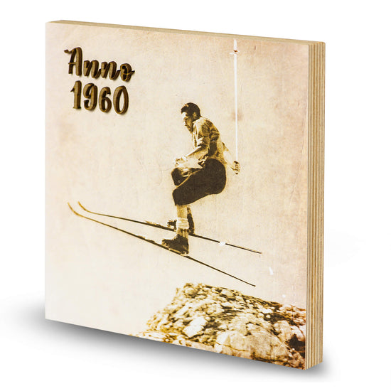 Historisches Holzbild Skifahrer | Altes Foto auf Holz mit 3D Schrift aus den 60er Jahren - Altholz Bilderrahmen - Lasergravur Geschenkideen